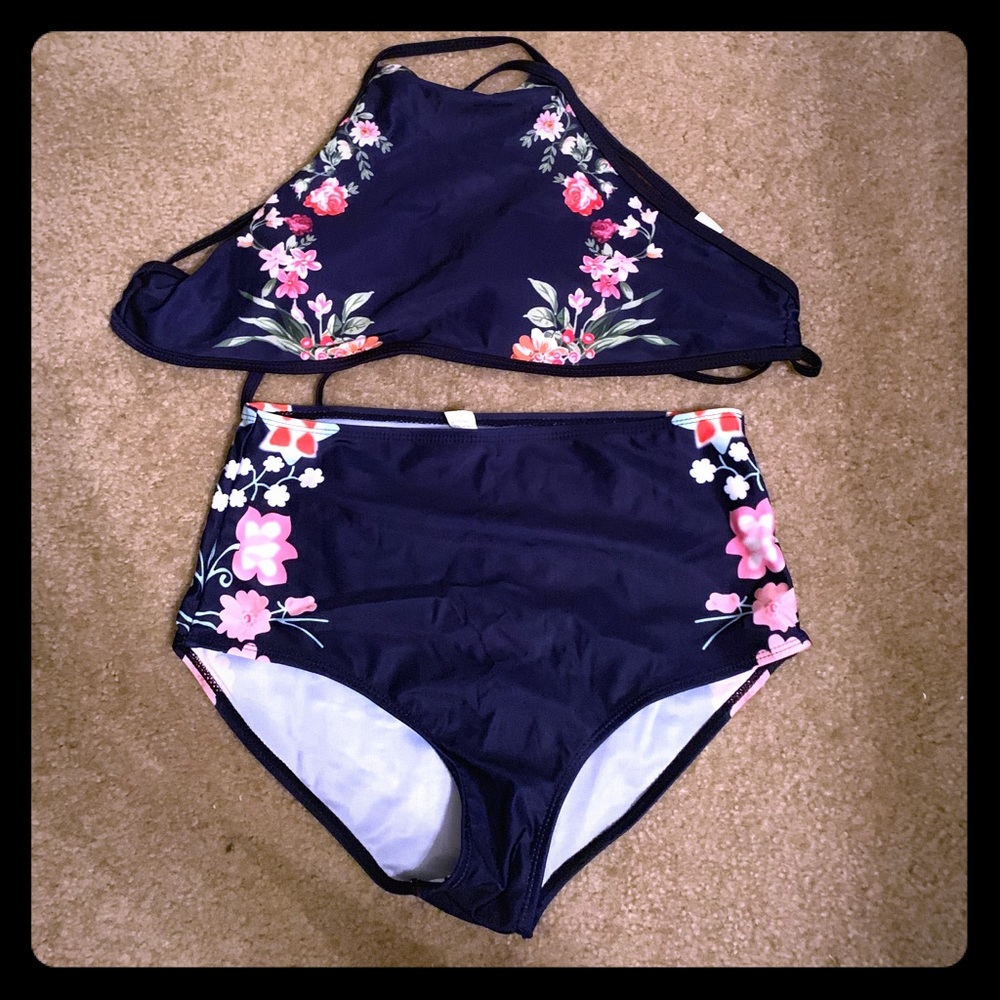 2 piece bathing suit with high waisted bottoms